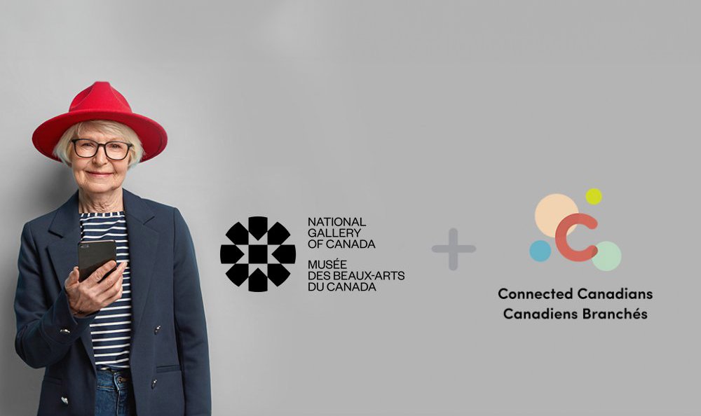A senior woman holding a cellphone standing next to the NGC logo and the Connected Canadians logo.