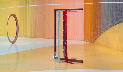 Kapwani Kiwanga, Transfer II (Metal, breath, beads) and Transfer IV (Metal, wood, breath, beads), 2024. Bronze, blown glass, glass beads; bronze, palladium leaf, wood, blown glass, glass beads